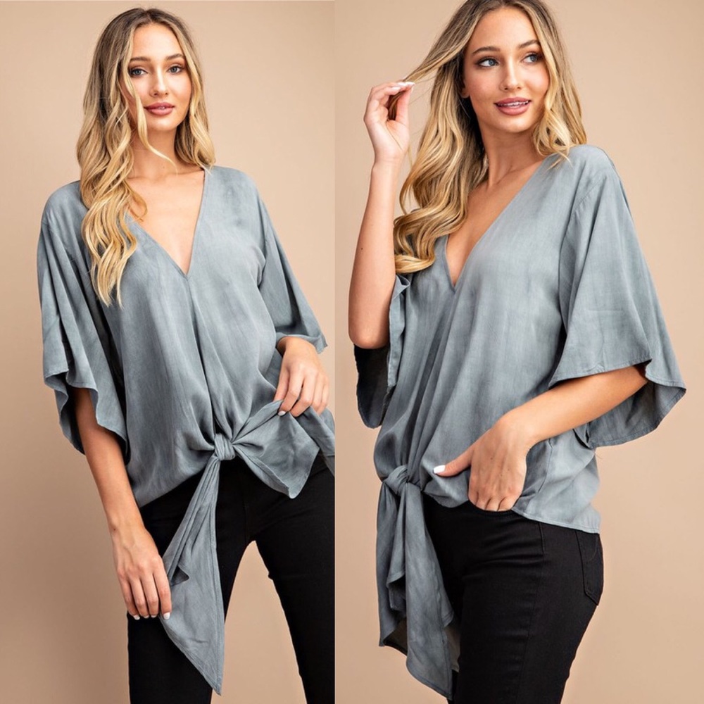 V-Neck Front Tie Solid Color Blouse Top